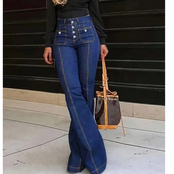 Black High waisted Button Fly Flared Leg Denim Jeans Pants - Picture 8 of 11